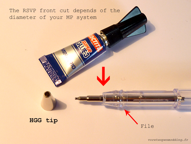 RSVP front filed to fit, with HGG tip and glue